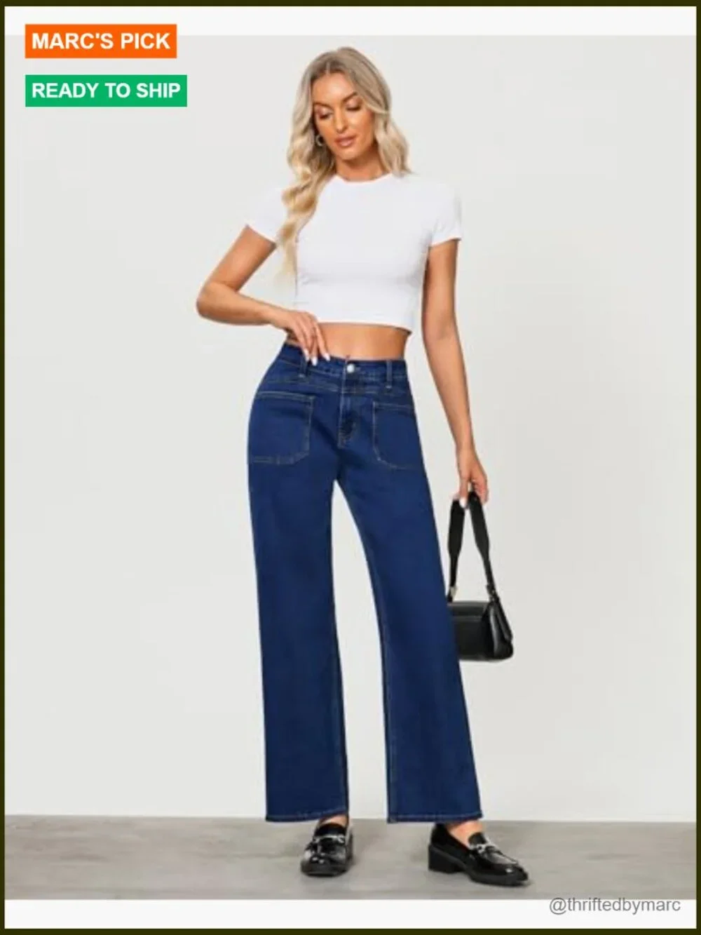 High Waisted Wide Leg Stretchy Retro Denim Pants with Pouch Pockets